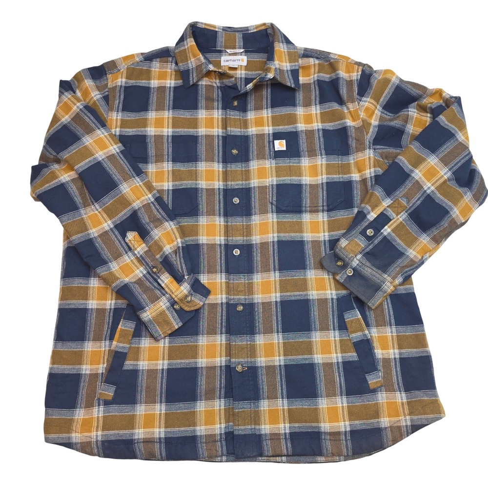 Carhartt Mens Relaxed Fit Fleece Lined Flannel Shirt Jacket Navy Mustard Plaid M